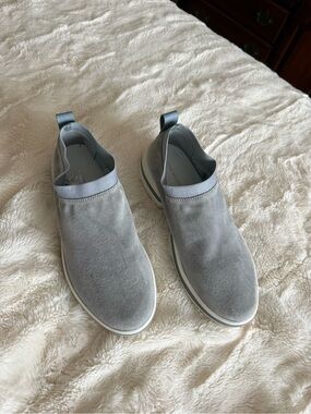 Stuart Weitzman Woman’s Slip-On Loafers in Light Gray Suede